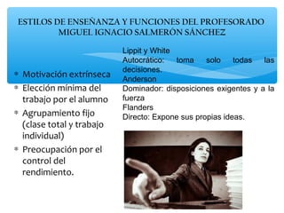 ESTILOS DE ENSEÑANZA Y FUNCIONES DEL PROFESORADO
         MIGUEL IGNACIO SALMERÓN SÁNCHEZ

                           Lippit y White
                           Autocrático:   toma    solo    todas  las
                           decisiones.
∗ Motivación extrínseca
                           Anderson
∗ Elección mínima del      Dominador: disposiciones exigentes y a la
  trabajo por el alumno    fuerza
                           Flanders
∗ Agrupamiento fijo        Directo: Expone sus propias ideas.
  (clase total y trabajo
  individual)
∗ Preocupación por el
  control del
  rendimiento.
 