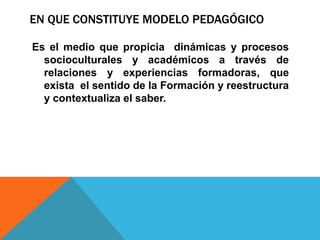 EN QUE CONSTITUYE MODELO PEDAGÓGICO

Es el medio que propicia dinámicas y procesos
  socioculturales y académicos a través de
  relaciones y experiencias formadoras, que
  exista el sentido de la Formación y reestructura
  y contextualiza el saber.
 