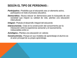 SEGÚN EL TIPO DE PERSONAS :
Participativo.- Posibilita que el educando sea un elemento activo,
   participativo en todo el proceso educativo.
Democrático.- Busca educar en democracia para la búsqueda de una
  sociedad que mejore su calidad de vida, plantea una educación
  intercultural.
Integral.- Postula el desarrollo integral del educando
Interaccionista.- Cree en la construcción del conocimiento por la
   interacción entre la experiencia sensorial y el razonamiento,
   indisociables entre sí.
Axiológico.- Plantea una educación en valores
Constructivista.- Porque en sus modelos de aprendizaje el alumno es
  el actor principal de su propio aprendizaje.
 