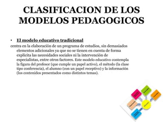 CLASIFICACION DE LOS
     MODELOS PEDAGOGICOS
•   El modelo educativo tradicional
centra en la elaboración de un programa de estudios, sin demasiados
   elementos adicionales ya que no se tienen en cuenta de forma
   explícita las necesidades sociales ni la intervención de
   especialistas, entre otros factores. Este modelo educativo contempla
    la figura del profesor (que cumple un papel activo), el método (la clase
    tipo conferencia), el alumno (con un papel receptivo) y la información
    (los contenidos presentados como distintos temas).
 