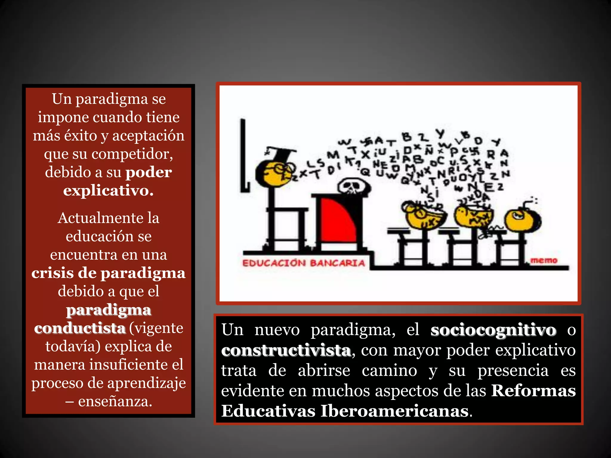 Un paradigma se
impone cuando tiene
más éxito y aceptación
que su competidor,
debido a su poder
explicativo.
Actualmente la
educación se
encuentra en una
crisis de paradigma
debido a que el
paradigma
conductista (vigente
todavía) explica de
manera insuficiente el
proceso de aprendizaje
– enseñanza.
Un nuevo paradigma, el sociocognitivo o
constructivista, con mayor poder explicativo
trata de abrirse camino y su presencia es
evidente en muchos aspectos de las Reformas
Educativas Iberoamericanas.
 