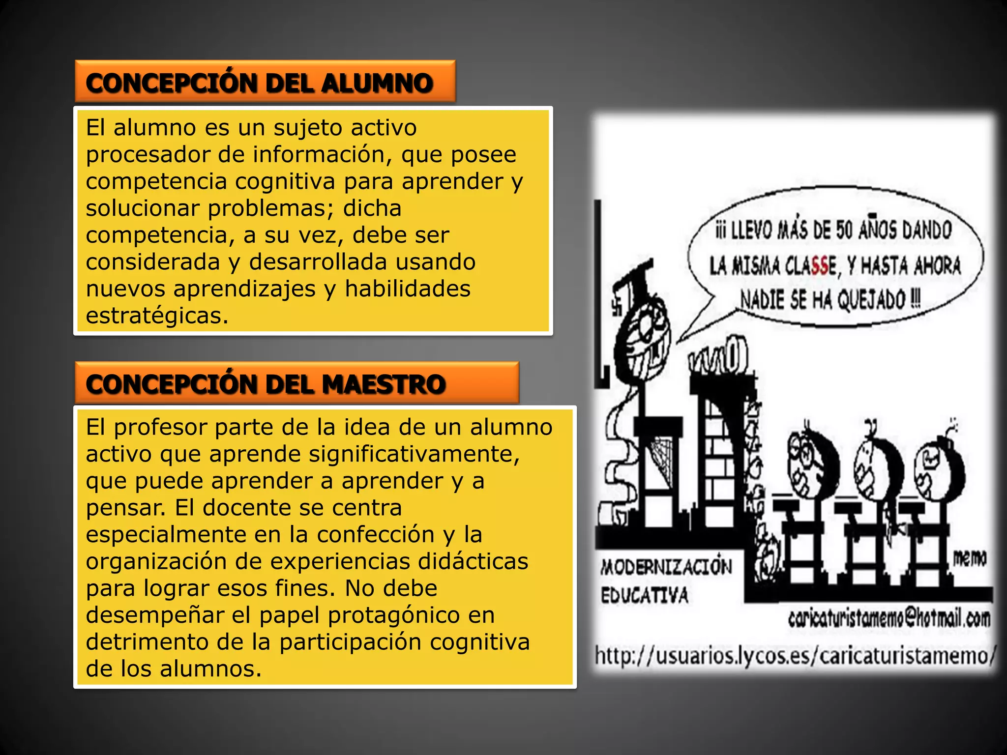 CONCEPCIÓN DEL ALUMNO
CONCEPCIÓN DEL MAESTRO
El alumno es un sujeto activo
procesador de información, que posee
competencia cognitiva para aprender y
solucionar problemas; dicha
competencia, a su vez, debe ser
considerada y desarrollada usando
nuevos aprendizajes y habilidades
estratégicas.
El profesor parte de la idea de un alumno
activo que aprende significativamente,
que puede aprender a aprender y a
pensar. El docente se centra
especialmente en la confección y la
organización de experiencias didácticas
para lograr esos fines. No debe
desempeñar el papel protagónico en
detrimento de la participación cognitiva
de los alumnos.
 