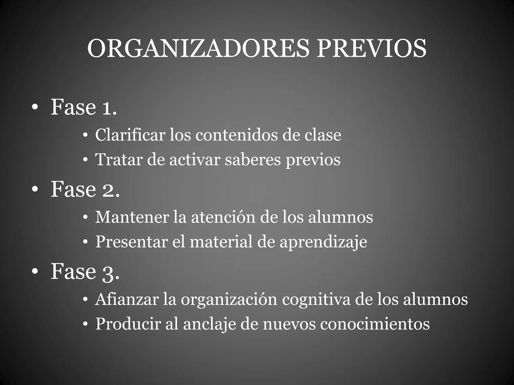 ORGANIZADORES PREVIOS
• Fase 1.
• Clarificar los contenidos de clase
• Tratar de activar saberes previos
• Fase 2.
• Mantener la atención de los alumnos
• Presentar el material de aprendizaje
• Fase 3.
• Afianzar la organización cognitiva de los alumnos
• Producir al anclaje de nuevos conocimientos
 