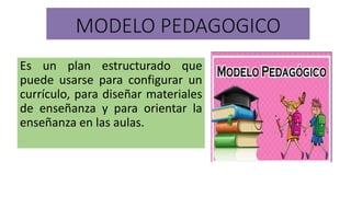 MODELO PEDAGOGICO
Es un plan estructurado que
puede usarse para configurar un
currículo, para diseñar materiales
de enseñanza y para orientar la
enseñanza en las aulas.
 