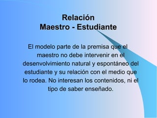 Relación
Maestro - Estudiante
El modelo parte de la premisa que el
maestro no debe intervenir en el
desenvolvimiento natural y espontáneo del
estudiante y su relación con el medio que
lo rodea. No interesan los contenidos, ni el
tipo de saber enseñado.
 