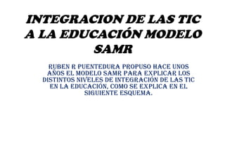 INTEGRACION DE LAS TIC
A LA EDUCACIÓN MODELO
SAMR
RUBEN R PUENTEDURA propuso hace unos
años el modelo SAMR para explicar los
distintos niveles de integración de las TIC
en la educación, como se explica en el
siguiente esquema.

 