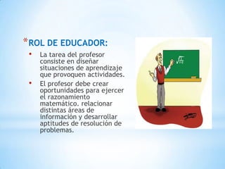 *ROL DE EDUCADOR:
 •   La tarea del profesor
     consiste en diseñar
     situaciones de aprendizaje
     que provoquen actividades.
 •   El profesor debe crear
     oportunidades para ejercer
     el razonamiento
     matemático. relacionar
     distintas áreas de
     información y desarrollar
     aptitudes de resolución de
     problemas.
 