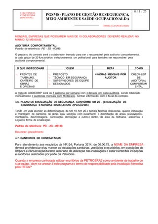 LOGOTIPO DA
CONTRATADA
(OPCIONAL)
PGSMS - PLANO DE GESTÃO DE SEGURANÇA,
MEIO AMBIENTE E SAÚDE OCUPACIONALDA
(NOME DA CONTRATADA)
Fl.:11 / 25
MENSAIS, EMPRESAS QUE POSSUÍREM MAIS DE 10 COLABORADORES DEVERÃO REALIZAR NO
MÍNIMO 12 MENSAIS.
AUDITORIA COMPORTAMENTAL:
Padrão de referência: PE - 3G - 00049.
O preposto do contrato será o colaborador treinado para ser o responsável pela auditoria comportamental.
A cada grupo de 20 funcionários selecionaremos um profissional para também ser responsável pela
auditoria comportamental.
O QUE INSPECIONAR QUEM META COMO
 FRENTES DE  PREPOSTO 4 HORAS MENSAIS POR CHECK-LIST
TRABALHO,  TÉCNICO EM SEGURANÇA AUDITOR DE
CANTEIRO DE  SUPERVISORES DE EQUIPE AUDITORIAL
OBRAS
E OFICINAS
 DESIGNADOS COMPORTAM
ENTAL
A meta do AUDICOMP será de 1 auditoria por semana com 4 desvios em cada auditoria, sendo totalizado
mensalmente 4 auditorias mensais com 16 desvios. Alinhar informação com o fiscal do contrato.
4.6- PLANO DE SINALIZAÇÃO DE SEGURANÇA CONFORME NR 26 – (SINALIZAÇÃO DE
SEGURANÇA E NORMAS BRASILEIRAS APLICÁVEIS)
Tendo em vista atender as determinações da NR 18, NR 26 e demais Normas Brasileiras, quanto instalação
e montagem de canteiros de obras e/ou serviços com isolamento e delimitação de áreas (escavações,
montagens, desmontagens, construção, demolição e outros) dentro da área da Refinaria, adotamos a
seguinte forma de sinalização.
Padrão de referência: PG - 4G - 00150.
Descrever procedimento
4.7. CANTEIROS DE CONTRATADAS
Para atendimento aos requisitos da NR-24, Portaria 3214, de 08.06.78, a NOME DA EMPRESA
deverá providenciar e/ou manter as instalações sanitárias, vestiários e escritórios, em condições de
limpeza e conservaçãodurante o período de utilização das instalações e estar ciente das inspeções
e auditorias realizadas por parte da Petrobras.
Quando a empresa contratada utilizar escritórios da PETROBRAS como ambiente de trabalho de
sua equipe, deve-se anexar à este programa o termo de responsabilidade pela instalação fornecida
pela REGAP
 