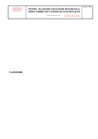 LOGOTIPO DA
CONTRATADA
(OPCIONAL)
PGSMS - PLANO DE GESTÃO DE SEGURANÇA,
MEIO AMBIENTE E SAÚDE OCUPACIONALDA
(NOME DA CONTRATADA)
Fl.:11 / 25
FLUXOGRAMA
 