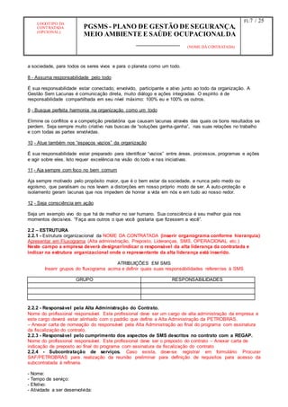 LOGOTIPO DA
CONTRATADA
(OPCIONAL)
PGSMS - PLANO DE GESTÃO DE SEGURANÇA,
MEIO AMBIENTE E SAÚDE OCUPACIONALDA
(NOME DA CONTRATADA)
Fl.:7 / 25
a sociedade, para todos os seres vivos e para o planeta como um todo.
8 - Assuma responsabilidade pelo todo
É sua responsabilidade estar conectado, envolvido, participante e ativo junto ao todo da organização. A
Gestão Sem Lacunas é comunicação direta, muito diálogo e ações integradas. O espírito é de
responsabilidade compartilhada em seu nível máximo: 100% eu e 100% os outros.
9 - Busque perfeita harmonia na organização como um todo
Elimine os conflitos e a competição predatória que causam lacunas através das quais os bons resultados se
perdem. Seja sempre muito criativo nas buscas de “soluções ganha-ganha”, nas suas relações no trabalho
e com todas as partes envolvidas.
10 - Atue também nos “espaços vazios” da organização
É sua responsabilidade estar preparado para identificar “vazios” entre áreas, processos, programas e ações
e agir sobre eles. Isto requer excelência na visão do todo e nas iniciativas.
11 - Aja sempre com foco no bem comum
Aja sempre motivado pelo propósito maior, que é o bem estar da sociedade, e nunca pelo medo ou
egoísmo, que paralisam ou nos levam a distorções em nosso próprio modo de ser. A auto-proteção e
isolamento geram lacunas que nos impedem de honrar a vida em nós e em tudo ao nosso redor.
12 - Seja consciência em ação
Seja um exemplo vivo do que há de melhor no ser humano. Sua consciência é seu melhor guia nos
momentos decisivos. “Faça aos outros o que você gostaria que fizessem a você”.
2.2 – ESTRUTURA
2.2.1 - Estrutura organizacional da NOME DA CONTRATADA (inserir organograma conforme hierarquia)
Apresentar em Fluxograma (Alta administração, Preposto, Lideranças, SMS, OPERACIONAL etc.)
Neste campo a empresa deverá designar/indicar o responsável da alta liderança da contratada e
indicar na estrutura organizacional onde o representante da alta liderança está inserido.
ATRIBUIÇÕES EM SMS
Inserir grupos do fluxograma acima e definir quais suas responsábilidades referentes à SMS
GRUPO RESPONSABILIDADES
2.2.2 - Responsável pela Alta Administração do Contrato.
Nome do profissional responsável. Este profissional deve ser um cargo de alta administração da empresa e
este cargo deverá estar alinhado com o padrão que define a Alta Administração da PETROBRAS.
– Anexar carta de nomeação do responsável pela Alta Administração ao final do programa com assinatura
da fiscalização do contrato.
2.2.3 - Responsável pelo cumprimento dos aspectos de SMS descritos no contrato com a REGAP.
Nome do profissional responsável. Este profissional deve ser o preposto do contrato – Anexar carta de
indicação de preposto ao final do programa com assinatura da fiscalização do contrato
2.2.4 - Subcontratação de serviços. Caso exista, deve-se registrar em formulário Procurar
SAF/PETROBRAS para realização da reunião preliminar para definição de requisitos para acesso da
subcontratada à refinaria.
- Nome:
- Tempo de serviço:
- Efetivo:
- Atividade a ser desenvolvida:
 