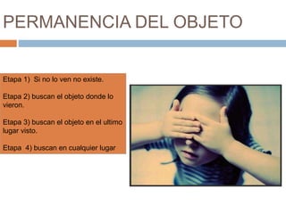 PERMANENCIA DEL OBJETO
Etapa 1) Si no lo ven no existe.
Etapa 2) buscan el objeto donde lo
vieron.
Etapa 3) buscan el objeto en el ultimo
lugar visto.
Etapa 4) buscan en cualquier lugar
 