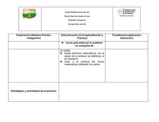 Centro Educativo Rural León XIII
Plan de Aula Para Estudio en Casa
Municipio la Esperanza
Corregimiento León XIII
Exploración (Saberes Previos-
indagación)
Estructuración (Conceptualización y
Práctica)
Transferencia (aplicación-
Valoración)
 Lea la guia dada por tu profesor
en compañia de
Un adulto.
 Aclare términos matemáticos con la
ayuda de tu profesor vía telefónica si
es necesario.
 Lleve a la practica los trucos
matemáticos utilizando los dedos.
Estrategias y actividades de evaluación
 