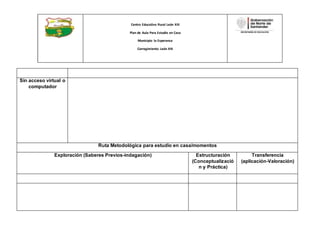 Centro Educativo Rural León XIII
Plan de Aula Para Estudio en Casa
Municipio la Esperanza
Corregimiento León XIII
Sin acceso virtual o
computador
Ruta Metodológica para estudio en casa/momentos
Exploración (Saberes Previos-indagación) Estructuración
(Conceptualizació
n y Práctica)
Transferencia
(aplicación-Valoración)
 