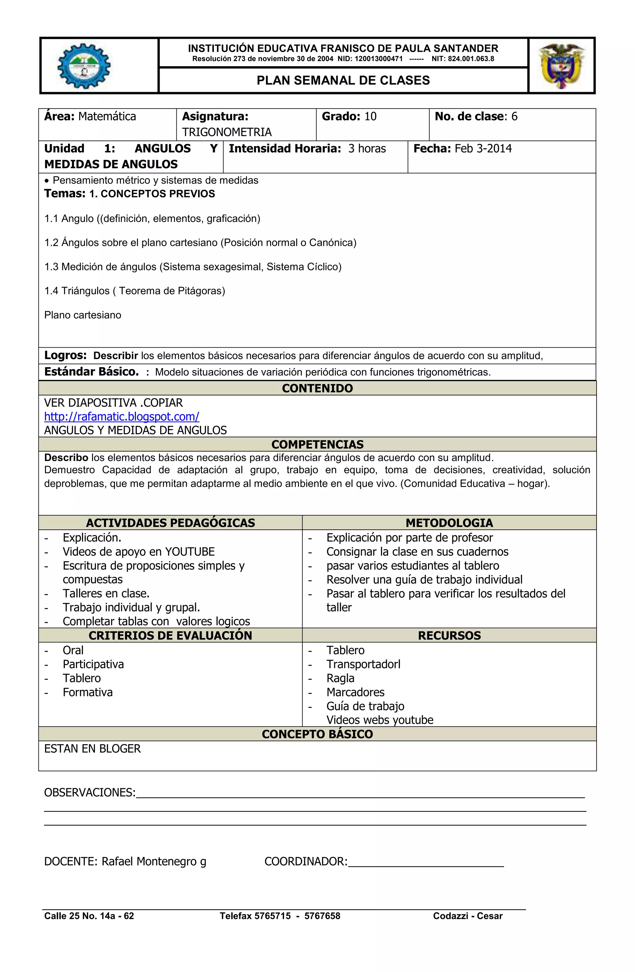Modelo plan de clase semanal | DOCX