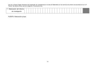 Uso de La Pizarra Digital Interactiva para desarrollar las competencias en el área de Matemática en los alumnos del primero de secundaria de la I.E.P.
“Pamer” del Distrito de San Juan de Lurigancho, Provincia de Lima.
7. Elaboración del informe
de investigación.
FUENTE: Elaboración propia.
11
 