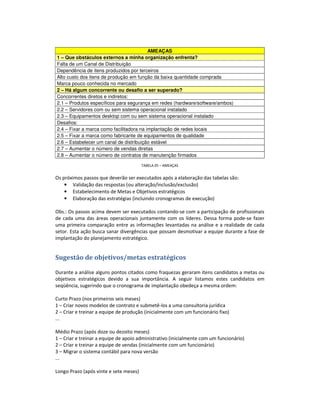 AMEAÇAS
1 – Que obstáculos externos a minha organização enfrenta?
Falta de um Canal de Distribuição
Dependência de itens produzidos por terceiros
Alto custo dos itens de produção em função da baixa quantidade comprada
Marca pouco conhecida no mercado
2 – Há algum concorrente ou desafio a ser superado?
Concorrentes diretos e indiretos:
2.1 – Produtos específicos para segurança em redes (hardware/software/ambos)
2.2 – Servidores com ou sem sistema operacional instalado
2.3 – Equipamentos desktop com ou sem sistema operacional instalado
Desafios:
2.4 – Fixar a marca como facilitadora na implantação de redes locais
2.5 – Fixar a marca como fabricante de equipamentos de qualidade
2.6 – Estabelecer um canal de distribuição estável
2.7 – Aumentar o número de vendas diretas
2.8 – Aumentar o número de contratos de manutenção firmados

                                        TABELA 05 – AMEAÇAS


Os próximos passos que deverão ser executados após a elaboração das tabelas são:
    • Validação das respostas (ou alteração/inclusão/exclusão)
    • Estabelecimento de Metas e Objetivos estratégicos
    • Elaboração das estratégias (incluindo cronogramas de execução)

Obs.: Os passos acima devem ser executados contando-se com a participação de profissionais
de cada uma das áreas operacionais juntamente com os líderes. Dessa forma pode-se fazer
uma primeira comparação entre as informações levantadas na análise e a realidade de cada
setor. Esta ação busca sanar divergências que possam desmotivar a equipe durante a fase de
implantação do planejamento estratégico.


Sugestão de objetivos/metas estratégicos

Durante a análise alguns pontos citados como fraquezas geraram itens candidatos a metas ou
objetivos estratégicos devido a sua importância. A seguir listamos estes candidatos em
seqüência, sugerindo que o cronograma de implantação obedeça a mesma ordem:

Curto Prazo (nos primeiros seis meses)
1 – Criar novos modelos de contrato e submetê-los a uma consultoria jurídica
2 – Criar e treinar a equipe de produção (inicialmente com um funcionário fixo)
...

Médio Prazo (após doze ou dezoito meses)
1 – Criar e treinar a equipe de apoio administrativo (inicialmente com um funcionário)
2 – Criar e treinar a equipe de vendas (inicialmente com um funcionário)
3 – Migrar o sistema contábil para nova versão
...

Longo Prazo (após vinte e sete meses)
 