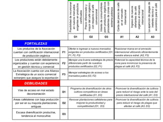 procedentes de zonas con
                                                                                                      porm productos orgánicos
                                               Posibilidad de incursionar




                                                                                                                                                                                   La aparición de plagas de
                                                                                                       Interés de consumidores




                                                                                                                                  Caída del precio de café
                                                                            mayor del café orgánico




                                                                                                                                                                                    económico para el café
                                                exigentes en productos
                                                 en nuevos mercados



                                                                             Precio diferenciado y

                                                                             con respecto al café




                                                                                                                                                             orgánico al mercado
                                                                                                                                                              Ingreso de nuevos
                                                                                                                                                              ofertantes de café




                                                                                                                                                                                       ineterés técnico y
                                                                                                           extrema pobreza


                                                                                                                                      en el mercado
                                                                                convencional




                                                                                                                                       internacional




                                                                                                                                                                 internacional
                                                       certificados
                                                       O1                          O2                         O3                         A1                        A2                     A3

         FORTALEZAS
   Los productos de la Asociación              Ofertar e ingresar a nuevos mercados     Posicionar marca en el emracdo
cuentan con certificación internacional   F1   exigentes en productos certificados (O1, internacional utilizando eficientemente
       de producción orgánica                  F1, F2, F3)                              nuestra alianza estrat. (A2, F3)
  Los productores están debidamente            Manejar una b uena estrategia de precio Potencial la capacidad técnica de la
organizados y cuentan con experiencia     F2   diferenciala partir de nuestros         zona para minimizar la presencia de
    en gestión técnica y comercial             productos certificados (02, F1)         plagas al café (A3, F2)
La Asociación cuenta con una Alianza
                                               Manejar estrategias de acceso a los
  Estratégica de un socio comercial       F3
                                               mercados justos (03, F2)
extranjero que asegura la exportación

         DEBILIDADES
                                                Programa de diversificación de otros                                             Promover la diversificación de cultivos
    Vías de acceso en mal estado
                                          D1       cultivos competitivos en áreas                                                 para reducir el riesgo ante la caía del
           deconservación                                certificadas (01, D3)                                                   precio interb acional del café (A1, D3)
Areas cafetaleras con baja producción          Renovar plantaciones cafetaleras para                                             Promover la diversificación de cultivos
 por ser en su mayoría plantaciones       D2        mejorar la productividad y                                                    para reducir el riesgo de plagas que
               antiguas                              competitividad (O1, D3)                                                            afectan al café (A3, D3)

  Escasa diversificación productiva,
                                          D3
     tendencia al monocultivo
 