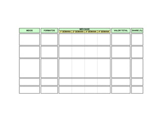 MÊS BASE
MEIOS   FORMATOS                                                 VALOR TOTAL   SHARE (%)
                   1ª SEMANA   2ª SEMANA 3ª SEMANA   4ª SEMANA
 
