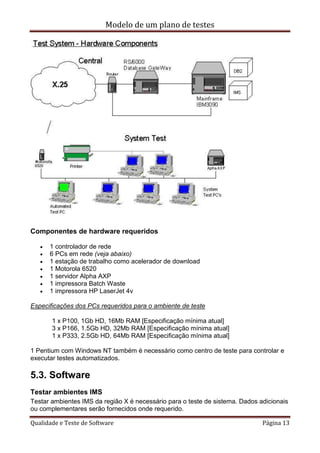 Modelo de um plano de testes
Qualidade e Teste de Software Página 13
Componentes de hardware requeridos
 1 controlador de rede
 6 PCs em rede (veja abaixo)
 1 estação de trabalho como acelerador de download
 1 Motorola 6520
 1 servidor Alpha AXP
 1 impressora Batch Waste
 1 impressora HP LaserJet 4v
Especificações dos PCs requeridos para o ambiente de teste
1 x P100, 1Gb HD, 16Mb RAM [Especificação mínima atual]
3 x P166, 1.5Gb HD, 32Mb RAM [Especificação mínima atual]
1 x P333, 2.5Gb HD, 64Mb RAM [Especificação mínima atual]
1 Pentium com Windows NT também é necessário como centro de teste para controlar e
executar testes automatizados.
5.3. Software
Testar ambientes IMS
Testar ambientes IMS da região X é necessário para o teste de sistema. Dados adicionais
ou complementares serão fornecidos onde requerido.
 