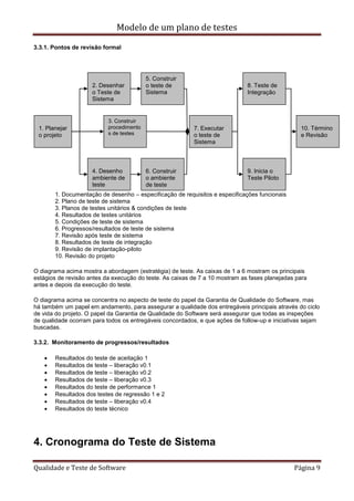 Modelo de um plano de testes
Qualidade e Teste de Software Página 9
3.3.1. Pontos de revisão formal
1. Documentação de desenho – especificação de requisitos e especificações funcionais
2. Plano de teste de sistema
3. Planos de testes unitários & condições de teste
4. Resultados de testes unitários
5. Condições de teste de sistema
6. Progressos/resultados de teste de sistema
7. Revisão após teste de sistema
8. Resultados de teste de integração
9. Revisão de implantação-piloto
10. Revisão do projeto
O diagrama acima mostra a abordagem (estratégia) de teste. As caixas de 1 a 6 mostram os principais
estágios de revisão antes da execução do teste. As caixas de 7 a 10 mostram as fases planejadas para
antes e depois da execução do teste.
O diagrama acima se concentra no aspecto de teste do papel da Garantia de Qualidade do Software, mas
há também um papel em andamento, para assegurar a qualidade dos entregáveis principais através do ciclo
de vida do projeto. O papel da Garantia de Qualidade do Software será assegurar que todas as inspeções
de qualidade ocorram para todos os entregáveis concordados, e que ações de follow-up e iniciativas sejam
buscadas.
3.3.2. Monitoramento de progressos/resultados
 Resultados do teste de aceitação 1
 Resultados de teste – liberação v0.1
 Resultados de teste – liberação v0.2
 Resultados de teste – liberação v0.3
 Resultados do teste de performance 1
 Resultados dos testes de regressão 1 e 2
 Resultados de teste – liberação v0.4
 Resultados do teste técnico
4. Cronograma do Teste de Sistema
1. Planejar
o projeto
2. Desenhar
o Teste de
Sistema
3. Construir
procedimento
s de testes
4. Desenho
ambiente de
teste
5. Construir
o teste de
Sistema
6. Construir
o ambiente
de teste
7. Executar
o teste de
Sistema
8. Teste de
Integração
9. Inicia o
Teste Piloto
10. Término
e Revisão
 