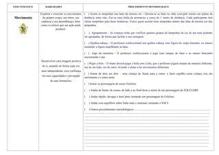 EIXO TEMÁTICO       HABILIDADES                                                                                  PROCEDIMENTO METODOLOGICO


                Explorar e exercitar os movimentos   ( ) Acerte as tampinhas nas latas da mesma cor - Arruma-se as latas no chão com pelo menos um palmo de
Movimento         do próprio corpo, seu ritmo, sua   distância entre elas. Faz-se uma linha de arremesso a cerca de 1 metro de distância. Cada participante terá
                 cadencia e seu desembaraço, bem     várias tampinhas para fazer tentativas. Vence quem acertar mais tampinhas dentro das latas da mesma cor das
                como os efeitos que sua ação pode    tampinhas.
                             produzir.
                                                     ( ) Agrupamento - As crianças terão que verificar quantos grupos de tampinhas da cor de seu time poderão
                                                     ser agrupadas, de forma que facilite a sua contagem.

                                                     ( ) Quebra-cabeça - O professor confeccionará um quebra cabeça com figura do corpo humano, os alunos
                                                     montarão a figura empilhando as latas.

                                                     ( ) Jogo da memória - O professor confeccionará o jogo com tampas de latas e os alunos brincarão
                                                     encontrando o par.
                Desenvolver uma imagem positiva
                                                     ( ) Pegar a bola. - O aluno deverá pegar a bola com a lata, que o professor jogará sempre de maneira diferente,
                 de si, atuando de forma cada vez    ora de um lado, ora de outro, levando o aluno a ter movimentos diferentes.
                mais independente, com confiança
                                                     ( ) Sentar de dois em dois – uma criança de frente para a outra- e fazer espelho (uma criança cria um
                 em suas capacidades e percepção
                                                     movimento e a outra imita
                        de suas limitações;
                                                     (    ) Imitar os personagens de nosso Folclore.

                                                     (     ) Andar de frente, de costas, de lado e ao final dizer o nome de um personagem do FOLCLORE

                                                     (     ) Andar rápido; devagar e bem lento imitando um personagem do Folclore.

                                                     (     ) Andar com equilíbrio sobre linha retas e sinuosas, imitando o SACI.

                                                     ( ) Outros procedimentos metodológicos ..........................................................................................................
                                                     ...............................................................................................................................................................................
                                                     ..............................................................................................................................................................................
                                                     .............................................................................................................................................................................
                                                     ..............................................................................................................................................................................
                                                     ..............................................................................................................................................................................
                                                     ..............................................................................................................................................................................
                                                     .............................................................................................................................................................................
                                                     ..............................................................................................................................................................................
                                                     ..............................................................................................................................................................................
                                                     ..............................................................................................................................................................................
                                                     .............................................................................................................................................................................
 
