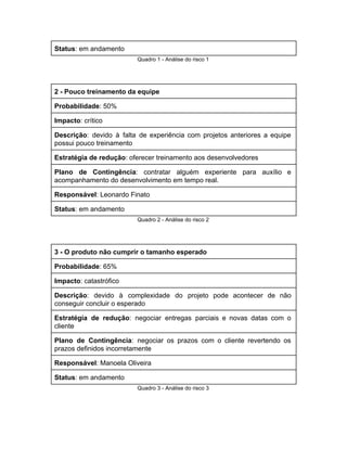 Status​: em andamento 
Quadro 1 ­ Análise do risco 1 
 
2 ­ Pouco treinamento da equipe 
Probabilidade​: 50% 
Impacto​: crítico 
Descrição​: devido à falta de experiência com projetos anteriores a equipe                     
possui pouco treinamento 
Estratégia de redução​: oferecer treinamento aos desenvolvedores 
Plano de Contingência​: contratar alguém experiente para auxílio e                 
acompanhamento do desenvolvimento em tempo real. 
Responsável​: Leonardo Finato 
Status​: em andamento 
Quadro 2 ­ Análise do risco 2 
 
3 ­ O produto não cumprir o tamanho esperado  
Probabilidade​: 65% 
Impacto​: catastrófico 
Descrição​: devido à complexidade do projeto pode acontecer de não                   
conseguir concluir o esperado 
Estratégia de redução​: negociar entregas parciais e novas datas com o                     
cliente 
Plano de Contingência​: negociar os prazos com o cliente revertendo os                     
prazos definidos incorretamente 
Responsável​: Manoela Oliveira 
Status​: em andamento 
Quadro 3 ­ Análise do risco 3 
 