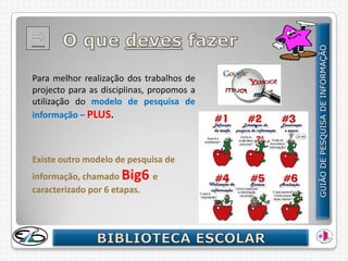 Para melhor realização dos trabalhos de
projecto para as disciplinas, propomos a
utilização do modelo de pesquisa de
informação – PLUS.



Existe outro modelo de pesquisa de
informação, chamado Big6 e
caracterizado por 6 etapas.
 