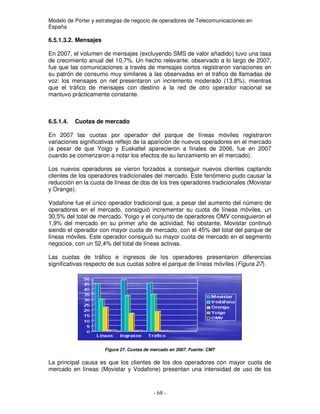 Modelo de Porter y estrategias de negocio de operadores de Telecomunicaciones en
España
6.5.1.3.2. Mensajes
En 2007, el volumen de mensajes (excluyendo SMS de valor añadido) tuvo una tasa
de crecimiento anual del 10,7%. Un hecho relevante, observado a lo largo de 2007,
fue que las comunicaciones a través de mensajes cortos registraron variaciones en
su patrón de consumo muy similares a las observadas en el tráfico de llamadas de
voz: los mensajes on net presentaron un incremento moderado (13,8%), mientras
que el tráfico de mensajes con destino a la red de otro operador nacional se
mantuvo prácticamente constante.
6.5.1.4. Cuotas de mercado
En 2007 las cuotas por operador del parque de líneas móviles registraron
variaciones significativas reflejo de la aparición de nuevos operadores en el mercado
(a pesar de que Yoigo y Euskaltel aparecieron a finales de 2006, fue en 2007
cuando se comenzaron a notar los efectos de su lanzamiento en el mercado).
Los nuevos operadores se vieron forzados a conseguir nuevos clientes captando
clientes de los operadores tradicionales del mercado. Este fenómeno pudo causar la
reducción en la cuota de líneas de dos de los tres operadores tradicionales (Movistar
y Orange).
Vodafone fue el único operador tradicional que, a pesar del aumento del número de
operadores en el mercado, consiguió incrementar su cuota de líneas móviles, un
30,5% del total de mercado. Yoigo y el conjunto de operadores OMV consiguieron el
1,9% del mercado en su primer año de actividad. No obstante, Movistar continuó
siendo el operador con mayor cuota de mercado, con el 45% del total del parque de
líneas móviles. Este operador consiguió su mayor cuota de mercado en el segmento
negocios, con un 52,4% del total de líneas activas.
Las cuotas de tráfico e ingresos de los operadores presentaron diferencias
significativas respecto de sus cuotas sobre el parque de líneas móviles (Figura 27).
Figura 27. Cuotas de mercado en 2007. Fuente: CMT
La principal causa es que los clientes de los dos operadores con mayor cuota de
mercado en líneas (Movistar y Vodafone) presentan una intensidad de uso de los
 
