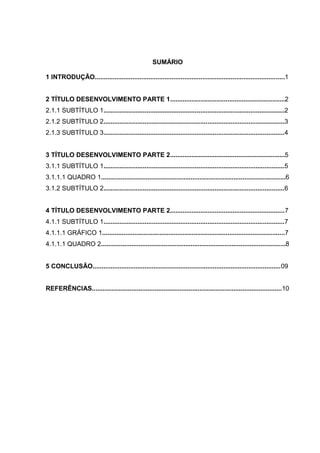 SUMÁRIO
1 INTRODUÇÃO..........................................................................................................1
2 TÍTULO DESENVOLVIMENTO PARTE 1................................................................2
2.1.1 SUBTÍTULO 1.....................................................................................................2
2.1.2 SUBTÍTULO 2.....................................................................................................3
2.1.3 SUBTÍTULO 3.....................................................................................................4
3 TÍTULO DESENVOLVIMENTO PARTE 2................................................................5
3.1.1 SUBTÍTULO 1.....................................................................................................5
3.1.1.1 QUADRO 1.......................................................................................................6
3.1.2 SUBTÍTULO 2.....................................................................................................6
4 TÍTULO DESENVOLVIMENTO PARTE 2................................................................7
4.1.1 SUBTÍTULO 1.....................................................................................................7
4.1.1.1 GRÁFICO 1......................................................................................................7
4.1.1.1 QUADRO 2.......................................................................................................8
5 CONCLUSÃO.........................................................................................................09
REFERÊNCIAS..........................................................................................................10
 