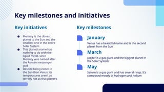 Key milestones and initiatives
● Mercury is the closest
planet to the Sun and the
smallest one in the entire
Solar System
● This planet’s name has
nothing to do with the
liquid metal, since
Mercury was named after
the Roman messenger
god
● Despite being closer to
the Sun than Venus, its
temperatures aren't as
terribly hot as that planet’s
Key initiatives Key milestones
Venus has a beautiful name and is the second
planet from the Sun
January
Jupiter is a gas giant and the biggest planet in
the Solar System
Saturn is a gas giant and has several rings. It’s
composed mostly of hydrogen and helium
March
May
 