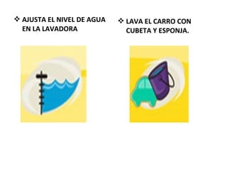  AJUSTA EL NIVEL DE AGUA
EN LA LAVADORA
 LAVA EL CARRO CON
CUBETA Y ESPONJA.
 