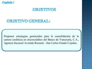 Proponer estrategias gerenciales para la consolidación de la
cartera crediticia en microcréditos del Banco de Venezuela, C.A.,
Agencia Sucursal Avenida Ricaurte - San Carlos Estado Cojedes.
 