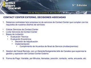 Debemos contratatar la(s) empresa (s) de servicios de Contact Center que cumplan con los requisitos de nuestros diseños de servicios: Cotizar Servicios de Contact Center Licitar Servicios de Contact Center Bases de Licitación Evaluación Técnica Evaluación Económica Decisión de Adjudicación Implementación Cumplimiento de Acuerdos de Nivel de Servicio (multas/premios) Gestion del Canal Remoto, con un Gerente/Subgerente/Jefe de Canales que supervisa la gestión y operación del Contact Center Externo Forma de Pago: Variable, por Minutos, llamadas, posición, contacto, venta, encuesta, etc. CONTACT CENTER EXTERNO, DECISIONES ASOCIADAS 