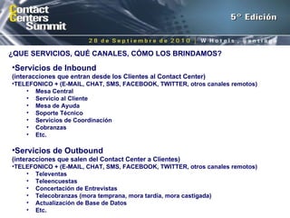 ¿QUE SERVICIOS, QUÉ CANALES, CÓMO LOS BRINDAMOS? Servicios de Inbound  (interacciones que entran desde los Clientes al Contact Center) TELEFONICO + (E-MAIL, CHAT, SMS, FACEBOOK, TWITTER, otros canales remotos) Mesa Central Servicio al Cliente Mesa de Ayuda Soporte Técnico Servicios de Coordinación Cobranzas Etc. Servicios de Outbound  (interacciones que salen del Contact Center a Clientes) TELEFONICO + (E-MAIL, CHAT, SMS, FACEBOOK, TWITTER, otros canales remotos) Televentas Teleencuestas Concertación de Entrevistas Telecobranzas (mora temprana, mora tardía, mora castigada) Actualización de Base de Datos Etc. 