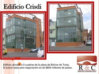 Edificio ubicado a 5 cuadras de la plaza de Bolívar de Tunja,
El precio base para negociación es de $800 millones de pesos.