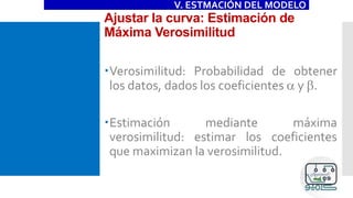 Ajustar la curva: Estimación de
Máxima Verosimilitud
V. ESTMACIÓN DEL MODELO
Verosimilitud: Probabilidad de obtener
los datos, dados los coeficientes a y b.
Estimación mediante máxima
verosimilitud: estimar los coeficientes
que maximizan la verosimilitud.
 
