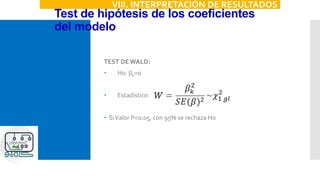 Test de hipótesis de los coeficientes
del modelo
VIII. INTERPRETACIÓN DE RESULTADOS
TEST DEWALD:
 H0: bk=0
 Estadístico:
 SiValor P<0.05, con 95% se rechaza H0
 