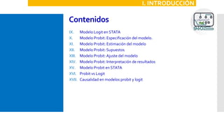 Contenidos
IX. Modelo Logit en STATA
X. Modelo Probit: Especificación del modelo.
XI. Modelo Probit: Estimación del modelo
XII. Modelo Probit: Supuestos
XIII. Modelo Probit: Ajuste del modelo
XIV. Modelo Probit: Interpretación de resultados
XV. Modelo Probit en STATA
XVI. Probit vs Logit
XVII. Causalidad en modelos probit y logit
I. INTRODUCCIÓN
 