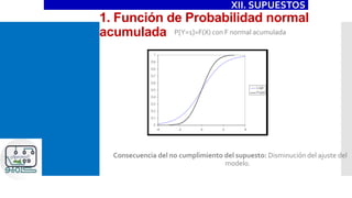 1. Función de Probabilidad normal
acumulada P[Y=1]=F(X) con F normal acumulada
Consecuencia del no cumplimiento del supuesto: Disminución del ajuste del
modelo.
XII. SUPUESTOS
 