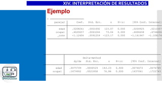 Ejemplo
XIV. INTERPRETACIÓN DE RESULTADOS
_cons -1.12406 .0091259 -123.17 0.000 -1.141947 -1.106174
ocupa1 .4620657 .0063266 73.04 0.000 .4496658 .4744656
edad .0208241 .0001692 123.07 0.000 .0204925 .0211557
pareja2 Coef. Std. Err. z P>|z| [95% Conf. Interval]
>
ocupa1 .1679902 .0021858 76.86 0.000 .1637061 .1722743
edad .0075709 .0000529 143.23 0.000 .0074673 .0076745
dy/dx Std. Err. z P>|z| [95% Conf. Interval]
Delta-method
 