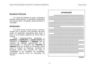 MODELO PARA ELABORAÇÃO DE PROJETOS DE TRABALHOS ACADÊMICOS                                        Virgínia Colares




                                                                            INTRODUÇÃO
ELEMENTOS TEXTUAIS
                                                                    XXXXXXXXXXXXXXXXXXXXXXXXXXXXXXXXXXXXXX
                                                             XXXXXXXXXXXXXXXXXXXXXXXXXXXXXXXXXXXXXXXXXXXXX
      É a parte do trabalho na qual o conteúdo é             XXXXXXXXXXXXXXXXXXXXXXXXXXXXXXXXXXXXXXXXXXXXX
exposto, apresentando os elementos integrantes               XXXXXXXXXXXXXXXXXXXXXXXXXXXXXXXXXXXXXXXXXXXXX
do corpo do texto: introdução, desenvolvimento e                    XXXXXXXXXXXXXXXXXXXXXXXXXXXXXXXXXXXXXX
conclusão.                                                   XXXXXXXXXXXXXXXXXXXXXXXXXXXXXXXXXXXXXXXXXXXXX
                                                             XXXXXXXXXXXXXXXXXXXXXXXXXXXXXXXXXXXXXXXXXXXXX
                                                             XXXXXXXXXXXXXXXXXXXXXXXXXXXXXXXXXXXXXXXXXXXXX
INTRODUÇÃO                                                   XXXXXXXXXXXXXXX.
                                                                    XXXXXXXXXXXXXXXXXXXXXXXXXXXXXXXXXXXXXX
                                                             XXXXXXXXXXXXXXXXXXXXXXXXXXXXXXXXXXXXXXXXXXXXX
      É a parte inicial, na qual se tem o primeiro
                                                             XXXXXXXXXXXXXXXXXXXXXXXXXXXXXXXXXXXXXXXXXXXXX
contato com o assunto a ser estudado. Ela deve               XXXXXXXXXXXXXXXXXXXXXXXXXXXXXXXXXXXXXXXXXXXXX
conter os elementos necessários para situar o                       XXXXXXXXXXXXXXXXXXXXXXXXXXXXXXXXXXXXXX
tema e os principais objetivos de forma clara e              XXXXXXXXXXXXXXXXXXXXXXXXXXXXXXXXXXXXXXXXXXXXX
concisa.                                                     XXXXXXXXXXXXXXXXXXXXXXXXXXXXXXXXXXXXXXXXXXXXX
                                                             XXXXXXXXXXXXXXXXXXXXXXXXXXXXXXXXXXXXXXXXXXXXX
      Deve,   obrigatoriamente,     apresentar   o           XXXXXXXXXXXXXXXXXXXXXXXXXXXXXXXXXXXXXXXXXXXXX
problema, a justificativa, o quadro teórico de               XXXXXXXXXXXXXXXXXXXXXXXXXXXXXXXXXXXXXX
referência, os objetivos e a hipótese (em se                 XXXXXXXXXXXXXXXXXXXXXXXXXXXXXXXXXXXXXXXXXXXXX
tratando de trabalho experimental ou de                      XXXXXXXXXXXXXXXXXXXXXXXXXXXXXXXXXXXXXXXXXXXXX
argumentação). A descrição dos materiais e                   XXXXXXXXXXXXXXXXXXXXXXXXXXXXXXXXXXXXXX
                                                             XXXXXXXXXXXXXXXXXXXXXXXXXXXXXXXXXXXXXXXXXXXXX
métodos deve ser incluída na introdução, assim               XXXXXXXXXXXXXXXXXXXXXXXXXXXXXXXXXXXXXXXXXXXXX
como a revisão da literatura, arrolando as                   XXXXXXXXXXXXXXXXXXXXXXXXXXXXXXXXXXXXXX
principais idéias que servirão de base à                     XXXXXXXXXXXXXXXXXXXXXXXXXXXXXXXXXXXXXXXXXXXXX
investigação a ser realizada. Na introdução,                 XXXXXXXXXXXXXXXXXXXXXXXXXXXXXXXXXXXXXXXXXXXXX
entretanto, evita-se incluir as conclusões (se               XXXXXXXXXXXXXXXXXXXXXXXXXXXXXXXXXXXXXX
houver).
                                                                                                   Tabela 8



                                                             12
 