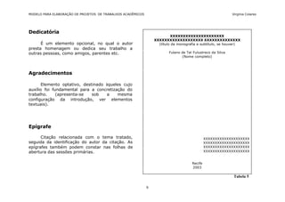 MODELO PARA ELABORAÇÃO DE PROJETOS DE TRABALHOS ACADÊMICOS                                                   Virgínia Colares




Dedicatória
                                                                          XXXXXXXXXXXXXXXXXXXXX
                                                                 XXXXXXXXXXXXXXXXXXX XXXXXXXXXXXXXX
      É um elemento opcional, no qual o autor                      (título da monografia e subtítulo, se houver)
presta homenagem ou dedica seu trabalho a
outras pessoas, como amigos, parentes etc.                               Fulano de Tal Fulustreco da Silva
                                                                                (Nome completo)




Agradecimentos

      Elemento optativo, destinado àqueles cujo
auxílio foi fundamental para a concretização do
trabalho.     (apresenta-se  sob    a    mesma
configuração da introdução, ver elementos
textuais).




Epígrafe

      Citação relacionada com o tema tratado,                                                  XXXXXXXXXXXXXXXXXXXX
seguida da identificação do autor da citação. As                                               XXXXXXXXXXXXXXXXXXXX
epígrafes também podem constar nas folhas de                                                   XXXXXXXXXXXXXXXXXXXX
abertura das sessões primárias.                                                                XXXXXXXXXXXXXXXXXXXX


                                                                                      Recife
                                                                                      2003

                                                                                                              Tabela 5

                                                             9
 