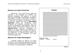 MODELO PARA ELABORAÇÃO DE PROJETOS DE TRABALHOS ACADÊMICOS                                        Virgínia Colares




Resumo na Língua Vernácula                                                        RESUMO

                                                                  XXXXXXXXXXXXXXXXXXXXXXXXXXXXXXXXXXXXXXX
      Destina-se a uma visão clara e rápida do                    XXXXXXXXXXXXXXXXXXXXXXXXXXXXXXXXXXXXXXX
conteúdo e da conclusão do trabalho, não                          XXXXXXXXXXXXXXXXXXXXXXXXXXXXXXXXXXXXXXX
podendo ultrapassar 500 palavras. O resumo                        XXXXXXXXXXXXXXXXXXXXXXXXXXXXXXXXXXXXXXX
                                                                  XXXXXXXXXXXXXXXXXXXXXXXXXXXXXXXXXXXXXXX
deve conter introdução, metodologia, resultados e
                                                                  XXXXXXXXXXXXXXXXXXXXXXXXXXXXXXXXXXXXXXX
conclusões (o "o quê?", o "por quê?", o "como?" e                 XXXXXXXXXXXXXXXXXXXXXXXXXXXXXXXXXXXXXXX
o "para quê?" do trabalho monográfico). Trata-se                  XXXXXXXXXXXXXXXXXXXXXXXXXXXXXXXXXXXXXXX
da parte do trabalho que traz as informações                      XXXXXXXXXXXXXXXXXXXXXXXXXXXXXXXXXXXXXXX
essenciais    acerca   da    monografia,     sendo                XXXXXXXXXXXXXXXXXXXXXXXXXXXXXXXXXXXXXXX
                                                                  XXXXXXXXXXXXXXXXXXXXXXXXXXXXXXXXXXXXXXX
formatado em monobloco, pontuado mas, sem
                                                                  XXXXXXXXXXXXXXXXXXXXXXXXXXXXXXXXXXXXXXX
divisão em parágrafos. Após digitado o texto do                   XXXXXXXXXXXXXXXXXXXXXXXXXXXXXXXXXXXXXXX
resumo, deixar uma linha em branco e inserir as                   XXXXXXXXXXXXXXXXXXXXXXXXXXXXXXXXXXXXXXX
palavras-chave     (elemento    obrigatório,    em                XXXXXXXXXXXXXXXXXXXXXXXXXXXXXXXXXXXXXXX
negrito), ou seja, palavras que identificam a                     XXXXXXXXXXXXXXXXXXXXXXXXXXXXXXXXXXXXXXX
                                                                  XXXXXXXXXXXXXXXXXXXXXXXXXXXXXXXXXXXXXXX
essência do trabalho para indexação, por assunto,                 XXXXXXXXXXXXXXXXXXXXXXXXXXXXXXXXXXXXXXX
nas bibliotecas. As palavras-chave podem ser                      XXXXXXXXXXXXXXXXXXXXXXXXXXXXXXXXXXXXXXX
expressões tais como: Lingüística de Texto,                       XXXXXXXXXXXXXXXXXXXXXXXXXXXXXXXXXXXXXXX
Língua Portuguesa etc...                                          XXXXXXXXXXXXXXXXXXXXXXXXXXXXXXXXXXXXXXX
                                                                  XXXXXXXXXXXXXXXXXXXXXXX.
Resumo em Língua Estrangeira                                 Palavras- chave
                                                             XXXXXXX     XXXXXX    XXXXXX
      Tradução integral do Resumo na Língua
Vernácula e suas respectivas palavras-chave para
um idioma de uso internacional (inglês, espanhol
ou francês). Sua apresentação é obrigatória.
                                                                                                   Tabela 6


                                                             10
 