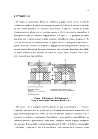 13
1 INTRODUÇÃO
O processo de estampagem destina-se à obtenção de peças, planas ou não, a partir da
conformação mecânica de chapas apresentando, em geral, até 6,00 mm de espessura, por meio
de uma prensa excêntrica ou hidráulica. Basicamente, a operação consiste no devido
posicionamento da chapa entre as matrizes superior e inferior do estampo, seguindo-se à
prensagem da chapa até a obtenção da peça desejada (ver figura 1.1). A peça pode ser obtida
através de uma ou várias operações, sendo geralmente utilizadas no processo as operações de
corte, de dobramento, de embutimento ou de repuxo. Dentre as vantagens da estampagem,
podem-se destacar: possibilidade de produção de peças com variadas geometrias e dimensões;
elevado controle dimensional das peças; curto tempo para a obtenção do produto; diversidade
de metais trabalhados pelo processo tais como aço, níquel, zinco, alumínio, titânio, latão,
cobre e uma série de ligas metálicas.
Figura 1.1: Ferramenta de Estampagem
Fonte: Conformação Plástica dos Metais (2011)
De acordo com o parágrafo anterior, percebe-se que a estampagem é o processo
responsável pela fabricação do grande universo de peças provenientes de chapas finas. As
peças produzidas pelo processo podem ser vistas em diferentes segmentos industriais como o
eletrônico, de próteses e equipamentos hospitalares, o aeroespacial, o automobilístico, as
indústrias químicas e petroquímicas, entre outros. Exemplos comuns de peças estampadas
são: gabinetes de computadores, recipientes para fixação de HD`s em desktops; reconstruções
craniofaciais , gabinetes de fornos de esterilização; partes estruturais de aeronaves como
 