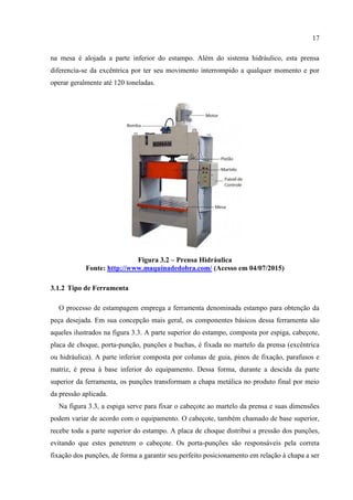 17
na mesa é alojada a parte inferior do estampo. Além do sistema hidráulico, esta prensa
diferencia-se da excêntrica por ter seu movimento interrompido a qualquer momento e por
operar geralmente até 120 toneladas.
Figura 3.2 – Prensa Hidráulica
Fonte: http://www.maquinadedobra.com/ (Acesso em 04/07/2015)
3.1.2 Tipo de Ferramenta
O processo de estampagem emprega a ferramenta denominada estampo para obtenção da
peça desejada. Em sua concepção mais geral, os componentes básicos dessa ferramenta são
aqueles ilustrados na figura 3.3. A parte superior do estampo, composta por espiga, cabeçote,
placa de choque, porta-punção, punções e buchas, é fixada no martelo da prensa (excêntrica
ou hidráulica). A parte inferior composta por colunas de guia, pinos de fixação, parafusos e
matriz, é presa à base inferior do equipamento. Dessa forma, durante a descida da parte
superior da ferramenta, os punções transformam a chapa metálica no produto final por meio
da pressão aplicada.
Na figura 3.3, a espiga serve para fixar o cabeçote ao martelo da prensa e suas dimensões
podem variar de acordo com o equipamento. O cabeçote, também chamado de base superior,
recebe toda a parte superior do estampo. A placa de choque distribui a pressão dos punções,
evitando que estes penetrem o cabeçote. Os porta-punções são responsáveis pela correta
fixação dos punções, de forma a garantir seu perfeito posicionamento em relação à chapa a ser
 