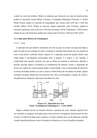 19
a partir do corte das bobinas. Dentre as empresas que fornecem esse tipo de matéria prima
podem-se mencionar Acelor Mittal, Usiminas e Companhia Siderúrgica Nacional. A Acelor
Mittal fornece chapas ao mercado de estampagem que variam entre 0,40 mm e 6,00 mm
(Acelor Mittal, 2015). Dentre as diversas chapas produzidas pela Usiminas, podem-se
encontrar espessuras entre 0,38 mm e 5,84 mm (Usiminas, 2014). Finalmente, a CSN fornece
chapas de aço com dimensões padrão que variam entre 0,30 mm e 5,00 mm (CSN, 2014).
3.1.4 Operações Básicas de Estampagem
3.1.4.1 Corte
A operação tem por objetivo acrescentar um furo na peça ou extrair uma peça da chapa a
partir da ação de um estampo de corte. O estampo é formado basicamente por um punção de
corte e uma matriz, conforme ilustra a figura 3.4. A operação ocorre da seguinte forma: uma
chapa plana é devidamente posicionada entre o punção e a matriz e, em seguida, é
comprimida pelo punção, fazendo com que as fibras do material se deformem. Quando a
pressão exercida supera a resistência ao cisalhamento do material, ocorre o surgimento de
trincas nas regiões de contato punção/chapa e matriz/chapa. Com a continuidade do processo,
as trincas formadas tendem a se unir e ocorre a soltura brusca de um pedaço de chapa. Alguns
exemplos de peças obtidas por esse processo são: furos em fuselagem e painéis de aviões e
em gabinetes de máquinas, aletas para trocadores de calor.
Figura 3.4 – Operação de Corte
Fonte: Tecnologia de Estampagem 1 – Corte (2012)
Alguns cuidados devem ser tomados durante a operação de corte. Atenção especial deve
ser conferida ao desgaste do punção para evitar possíveis divergências dimensionais do furo
ou peça. O cálculo da folga entre o punção e a matriz também deve ser devidamente avaliado
visando impedir problemas como a formação de rebarbas ou o risco de quebra do punção.
 