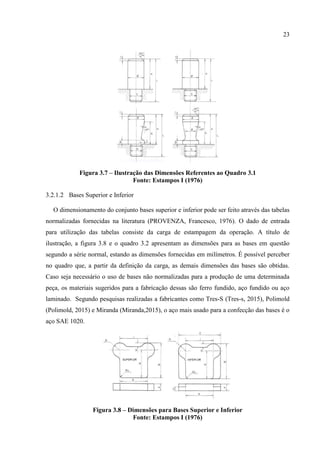 23
Figura 3.7 – Ilustração das Dimensões Referentes ao Quadro 3.1
Fonte: Estampos I (1976)
3.2.1.2 Bases Superior e Inferior
O dimensionamento do conjunto bases superior e inferior pode ser feito através das tabelas
normalizadas fornecidas na literatura (PROVENZA, Francesco, 1976). O dado de entrada
para utilização das tabelas consiste da carga de estampagem da operação. A título de
ilustração, a figura 3.8 e o quadro 3.2 apresentam as dimensões para as bases em questão
segundo a série normal, estando as dimensões fornecidas em milímetros. É possível perceber
no quadro que, a partir da definição da carga, as demais dimensões das bases são obtidas.
Caso seja necessário o uso de bases não normalizadas para a produção de uma determinada
peça, os materiais sugeridos para a fabricação dessas são ferro fundido, aço fundido ou aço
laminado. Segundo pesquisas realizadas a fabricantes como Tres-S (Tres-s, 2015), Polimold
(Polimold, 2015) e Miranda (Miranda,2015), o aço mais usado para a confecção das bases é o
aço SAE 1020.
Figura 3.8 – Dimensões para Bases Superior e Inferior
Fonte: Estampos I (1976)
 