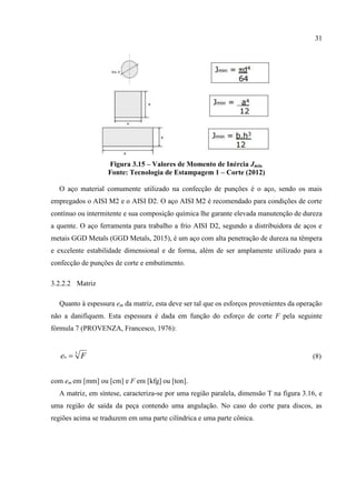 31
Figura 3.15 – Valores de Momento de Inércia Jmin.
Fonte: Tecnologia de Estampagem 1 – Corte (2012)
O aço material comumente utilizado na confecção de punções é o aço, sendo os mais
empregados o AISI M2 e o AISI D2. O aço AISI M2 é recomendado para condições de corte
contínuo ou intermitente e sua composição química lhe garante elevada manutenção de dureza
a quente. O aço ferramenta para trabalho a frio AISI D2, segundo a distribuidora de aços e
metais GGD Metals (GGD Metals, 2015), é um aço com alta penetração de dureza na têmpera
e excelente estabilidade dimensional e de forma, além de ser amplamente utilizado para a
confecção de punções de corte e embutimento.
3.2.2.2 Matriz
Quanto à espessura em da matriz, esta deve ser tal que os esforços provenientes da operação
não a danifiquem. Esta espessura é dada em função do esforço de corte F pela seguinte
fórmula 7 (PROVENZA, Francesco, 1976):
3
Fem  (8)
com em em [mm] ou [cm] e F em [kfg] ou [ton].
A matriz, em síntese, caracteriza-se por uma região paralela, dimensão T na figura 3.16, e
uma região de saída da peça contendo uma angulação. No caso do corte para discos, as
regiões acima se traduzem em uma parte cilíndrica e uma parte cônica.
 
