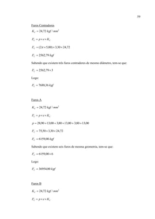 59
Furos Centradores
2
/72,24 mmkgfKC 
CC KepF 
72,2430,3)00,52(  CF
kgfFC 79,2562
Sabendo que existem três furos centradores de mesmo diâmetro, tem-se que:
379,2562 CF
Logo:
kgfFC 36,7688
Furos A
2
/72,24 mmkgfKC 
CC KepF 
00,1380,300,1380,300,1390,28 p
72,2430,350,75 CF
kgfFC 00,6159
Sabendo que existem seis furos de mesma geometria, tem-se que:
600,6159 CF
Logo:
kgfFC 00,36954
Furos B
2
/72,24 mmkgfKC 
CC KepF 
 