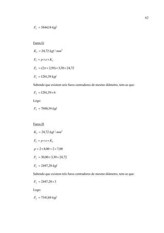 62
kgfFC 18,3844
Furos G
2
/72,24 mmkgfKC 
CC KepF 
72,2430,3)50,22(  CF
kgfFC 39,1281
Sabendo que existem seis furos centradores de mesmo diâmetro, tem-se que:
639,1281 CF
Logo:
kgfFC 34,7688
Furos H
2
/72,24 mmkgfKC 
CC KepF 
00,7200,82 p
72,2430,300,30 CF
kgfFC 28,2447
Sabendo que existem três furos centradores de mesmo diâmetro, tem-se que:
328,2447 CF
Logo:
kgfFC 84,7341
 